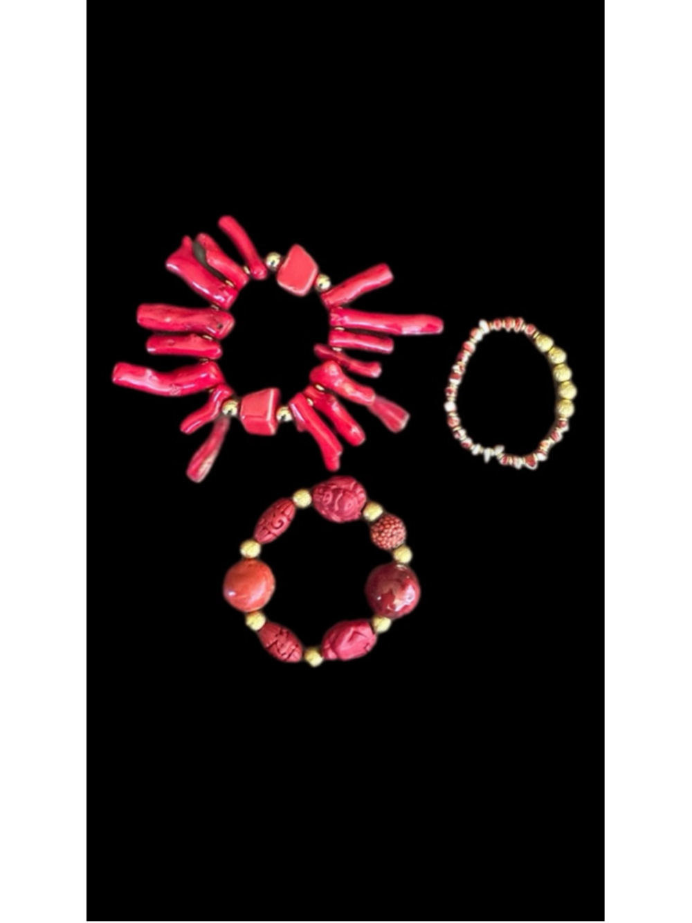 Red Coral Bracelet Bundle Beaded Gold Accents Stretch Small Medium Wrist Set